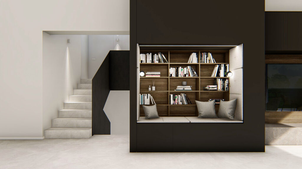 Návrh interiéru, konkrétně obývací prostor s knihovnou